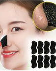 Woman using deep cleansing mask patch to remove blackheads and clear pores, with product image showing multiple black patches.