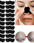 Woman using deep cleansing mask patches for blackhead removal, with a close-up comparison of nose before and after using patches.