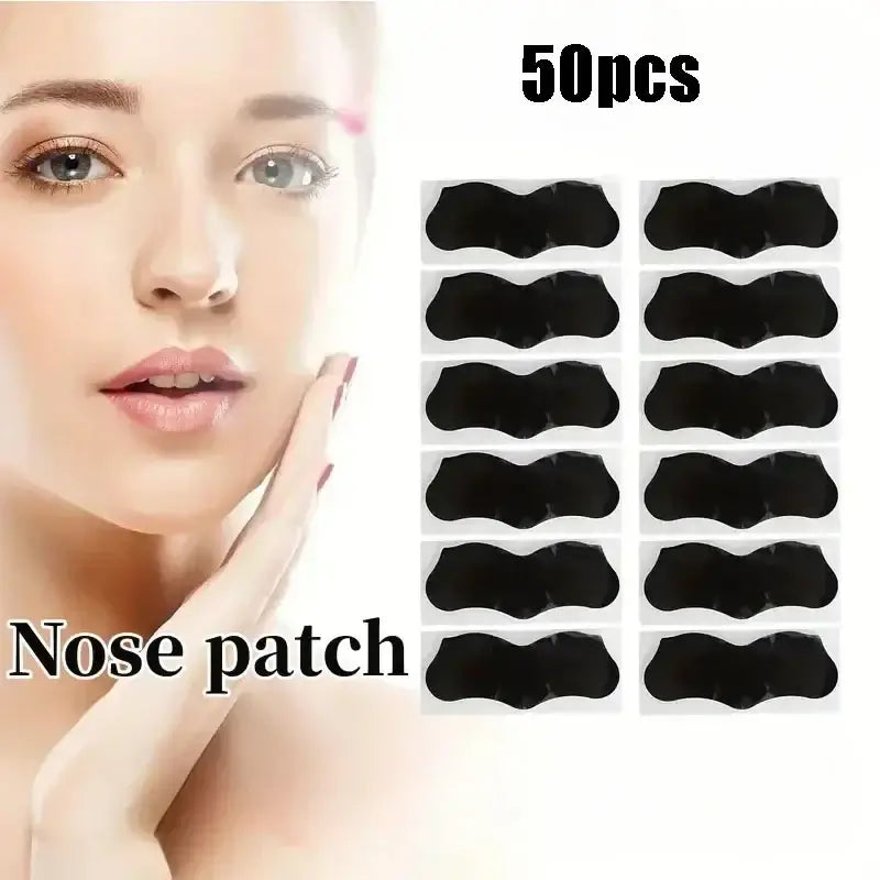 50 pieces of deep cleansing nose patches for blackhead removal, featuring a woman's face with smooth skin.