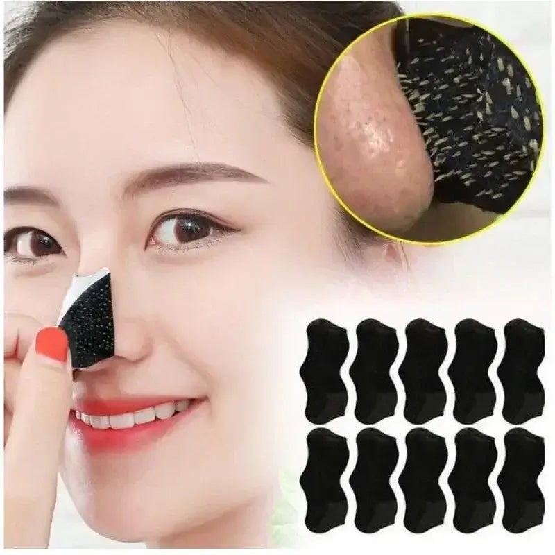 Woman using deep cleansing mask patch to remove blackheads and clear pores, with product image showing multiple black patches.