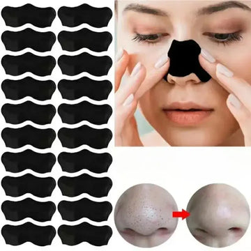 Woman using deep cleansing mask patches for blackhead removal, with a close-up comparison of nose before and after using patches.